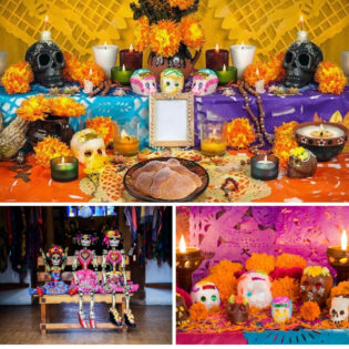 Dia de muertos-altar-pan de muerto-catrinas-calaberitas de azucar-flor de cempazuchil